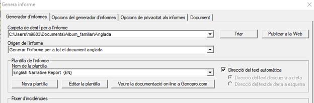 Configuraci&oacute; del generador d'informes Genopro